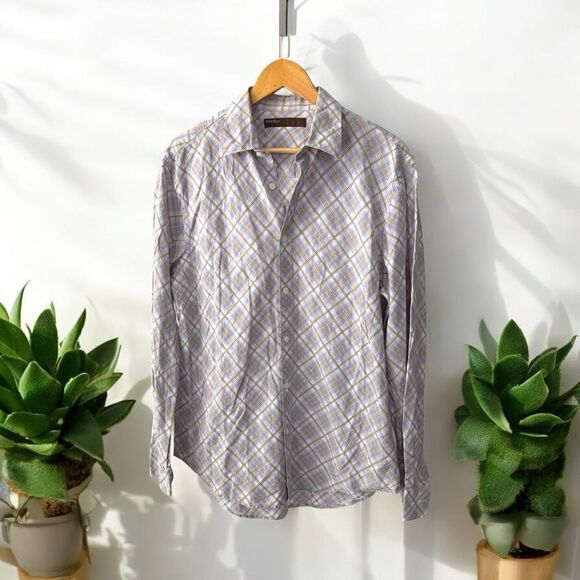 PERRY ELLIS Men's Plaid Shirt - lavender & tan plaid button down shirt LARGE - Picture 1 of 7